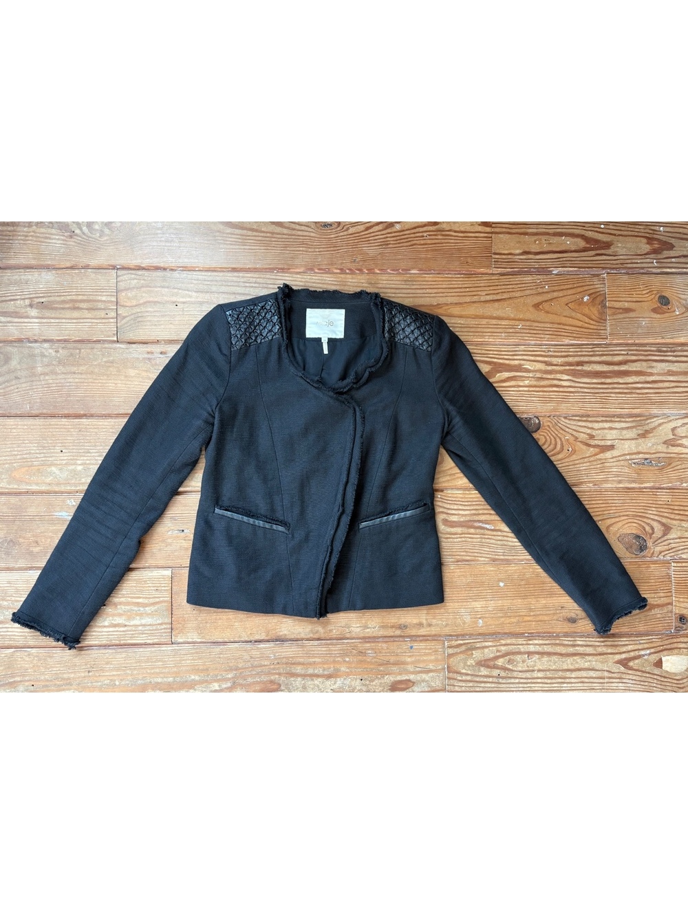 Maje Ahead Black Moto Jacket Sz 38 Cotton Linen Lambskin Leather Trim